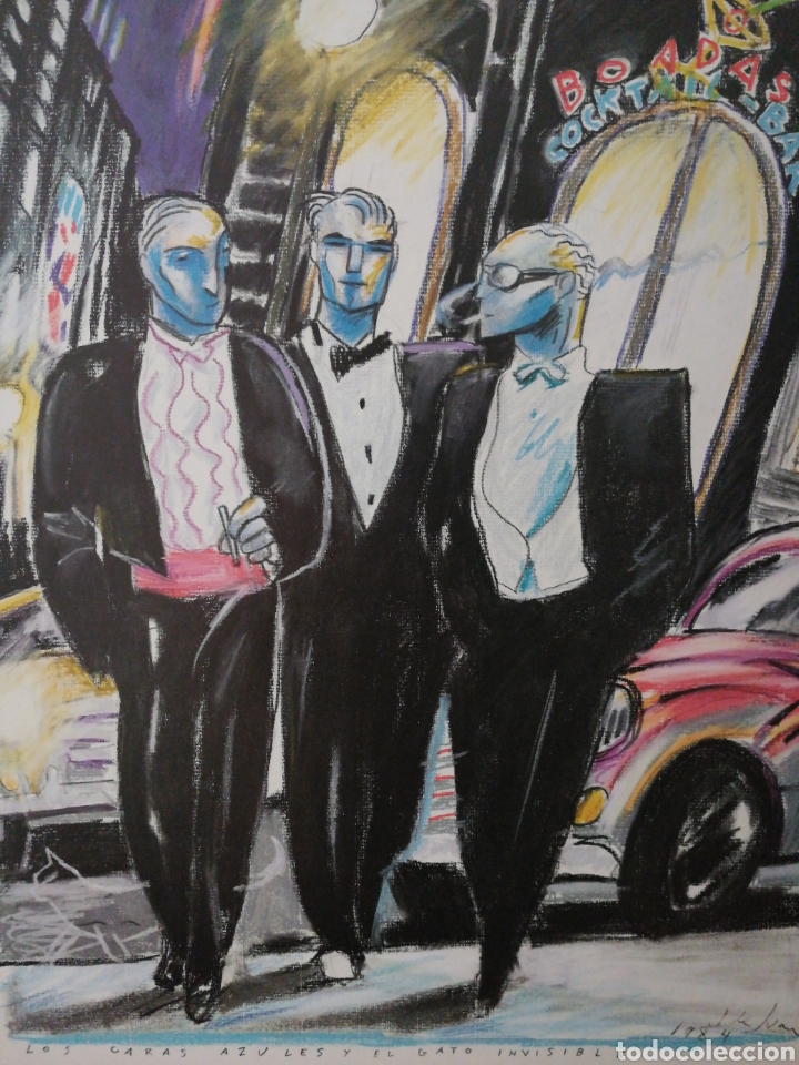 Arte: Javier de Juan. LITOGRAFIA ORIGINAL: LOS CARAS AZULES Y EL GATO INVISIBLE &copy; 1984 MOVIDA MADRILE&Ntilde;A