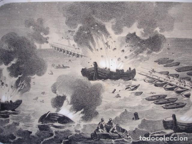 Arte: PUENTE MONSTRUO NAVIOS INCENDIADOS AMBERES .GRABADO ORIGINAL DEL A&Ntilde;O 1861