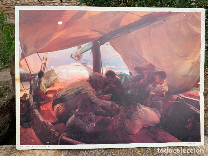 Arte: Antigua plancha litografia Gines Llamas, Badalona. La comida en la barca, Sorolla. 67x47cms