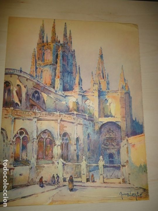 Arte: BURGOS - LA CATEDRAL - ACUARELA DE MARIUS HUBERT-ROBERT 33 x 25 cm.