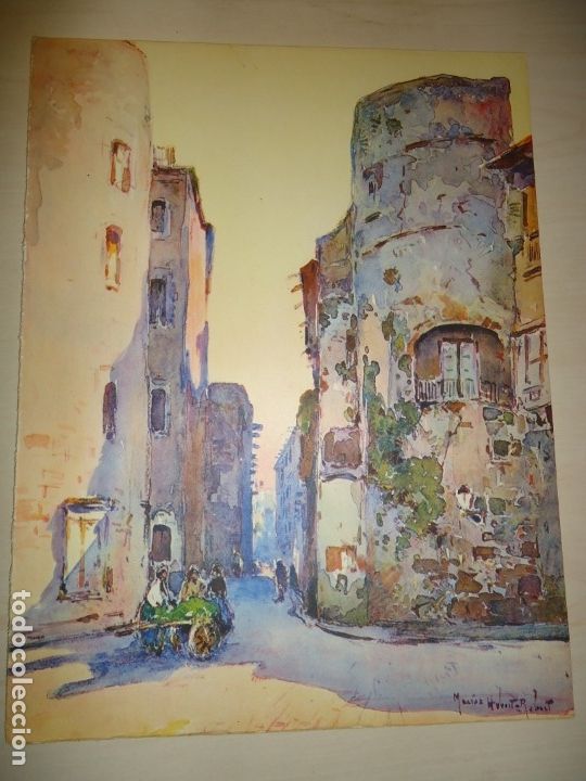 Arte: BARCELONA TORRES DE LA PLAZA NUEVA Y CALLE DEL OBISPO - ACUARELA DE MARIUS HUBERT-ROBERT 33 x 25 cm.