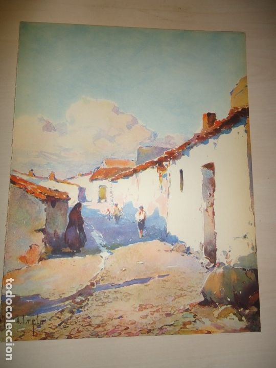 Arte: UN PUEBLO DE CASTILLA - ACUARELA DE MARIUS HUBERT-ROBERT 33 x 25 cm.