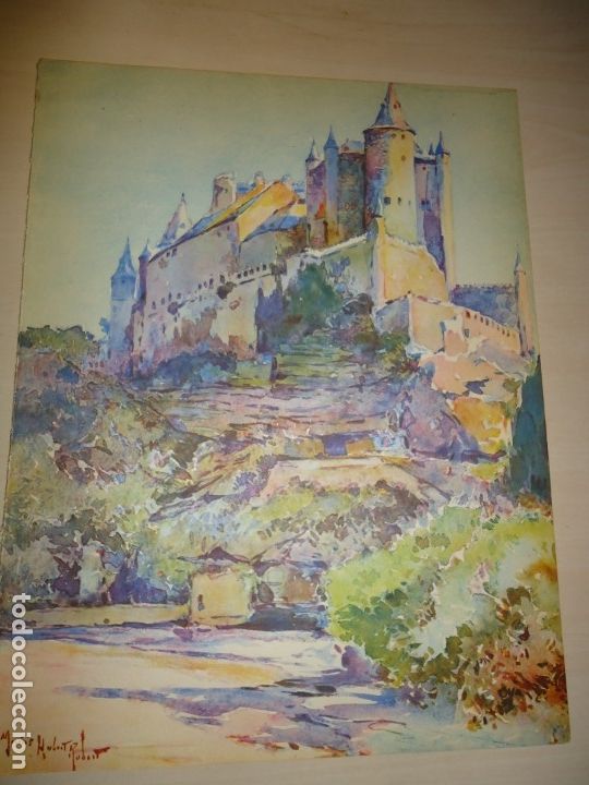 Arte: SEGOVIA - EL ALC&Aacute;ZAR - ACUARELA DE MARIUS HUBERT-ROBERT 33 x 25 cm.