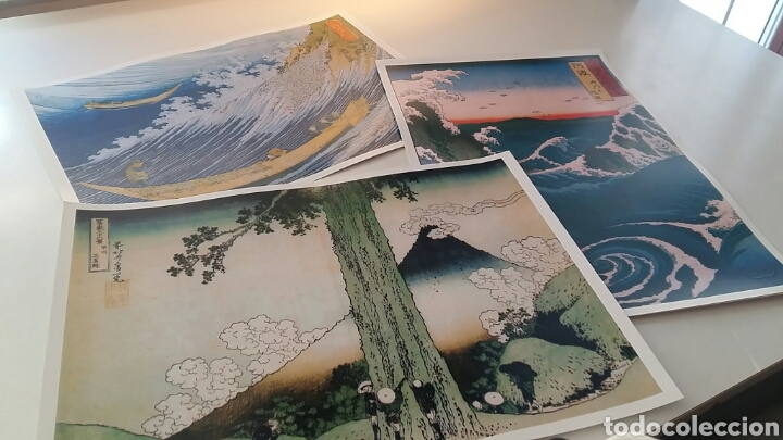 Art: HOKUSAI TRIPTIC&Oacute; ORIENTAL JAPONES . COLECCION de 3 LAMINAS LITOGRAFICAS. FUJI YAMA, TSUNAMI