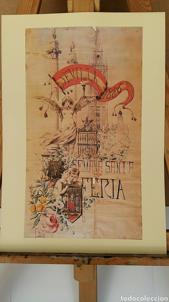 Art: FERIA Y SEMANA SANTA SEVILLA. FRANCISCO ANAYA,1886. L&Aacute;MINA LITOGRAFICA ORIGINAL con MATR&Iacute;CULA LEGAL