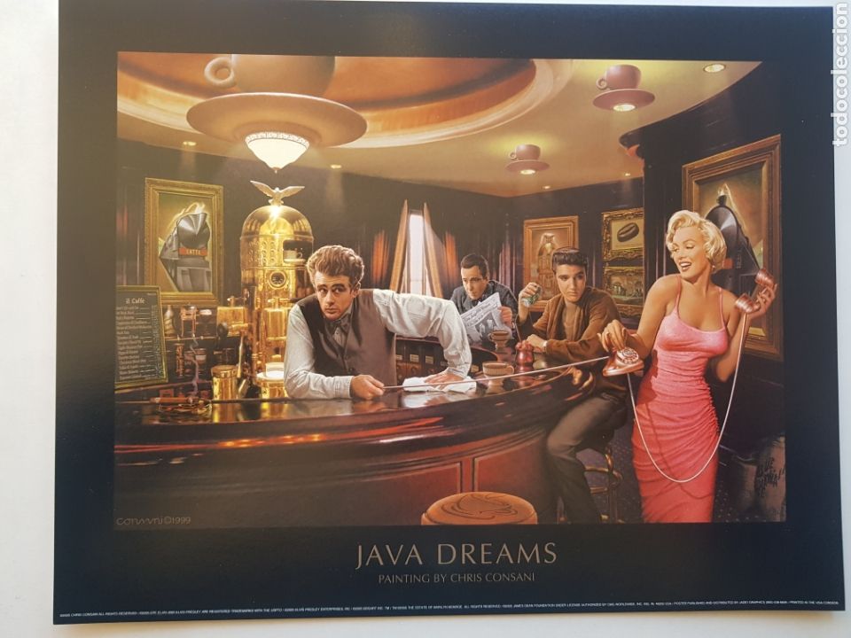 Arte: CHRIS CONSANI: ELVIS, BOGART, MARILYN, DEAN EN BARRA BAR. LITOGRAFIA ORIGINAL CON MATRICULA LEGAL
