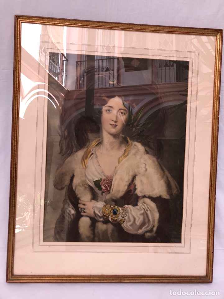 Arte: Litograf&iacute;a dama Lady Peel. Siglo XIX, 76 x 62 cm