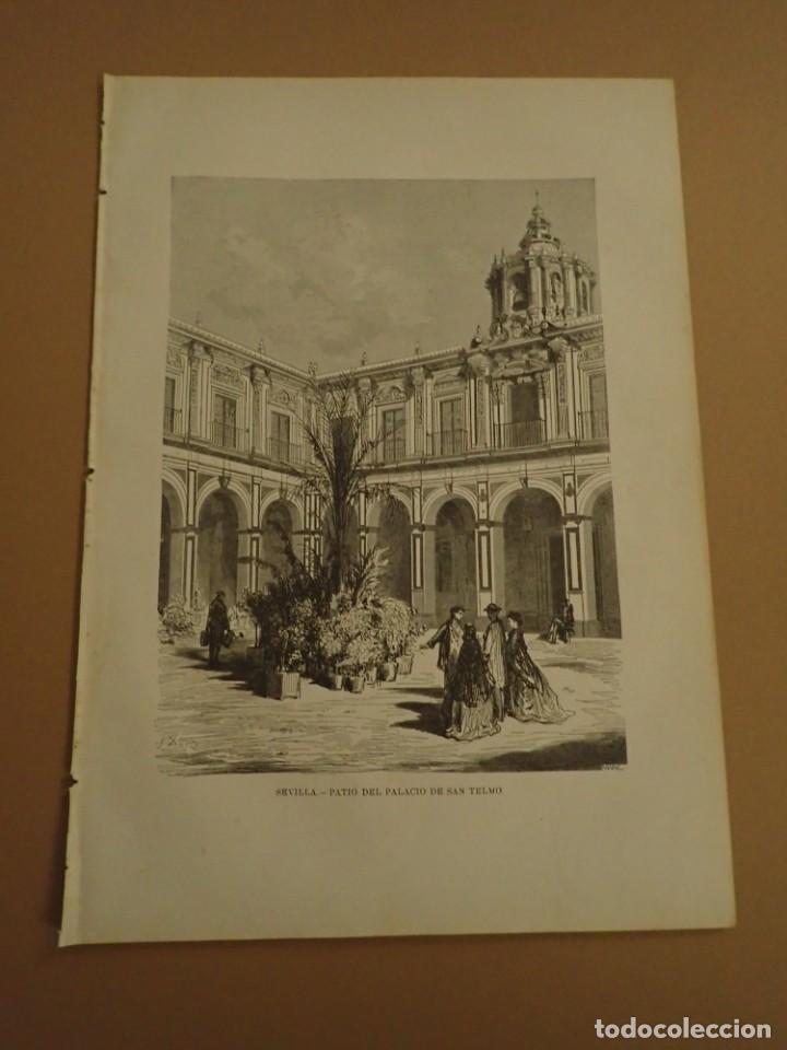 Arte: Lamina Litografia original antigua Dor&eacute; 1879 Sevilla Patio Palacio San Telmo