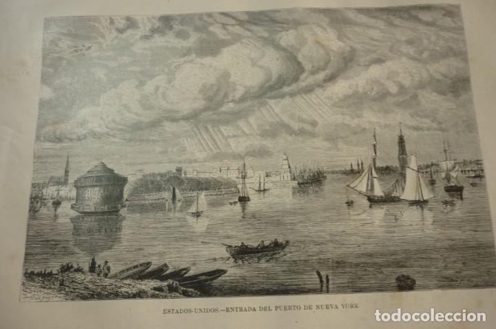 Arte: ESTADOS UNIDOS. ENTRADA DEL PUERTO DE NUEVA YORK. LITOGRAFIA DE 1881. GEOGRAFIA UNIVERSAL. MONTANER