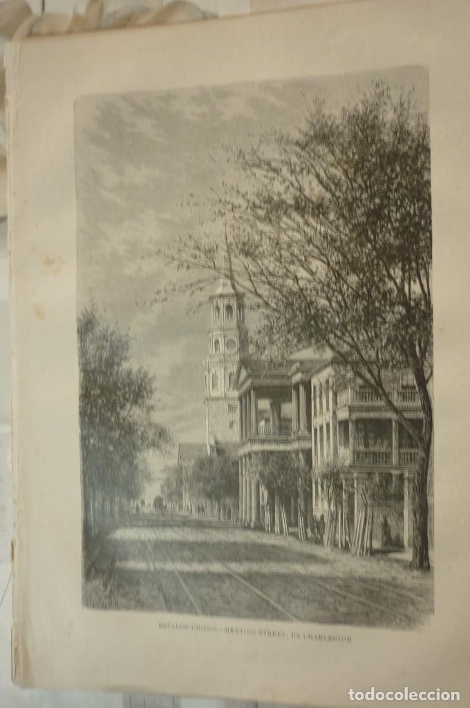 Arte: ESTADOS UNIDOS. MEETING STREET, EN CHARLESTON. LITOGRAFIA DE 1881. GEOGRAFIA UNIVERSAL. MONTANER
