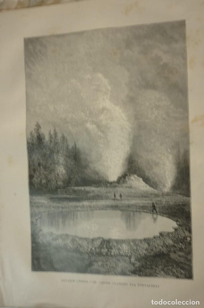 Arte: ESTADOS UNIDOS. EL GEISSER LLAMADO LA FORTALEZA. LITOGRAFIA DE 1881. GEOGRAFIA UNIVERSAL. MONTANER