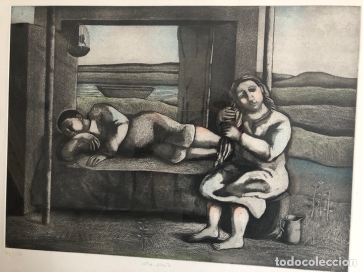 Arte: Litograf&iacute;a de Grabado de la afamada MONIQUE DE ROUX &ldquo;Otra siesta&rdquo;. Enmarcaci&oacute;n madera plateada.