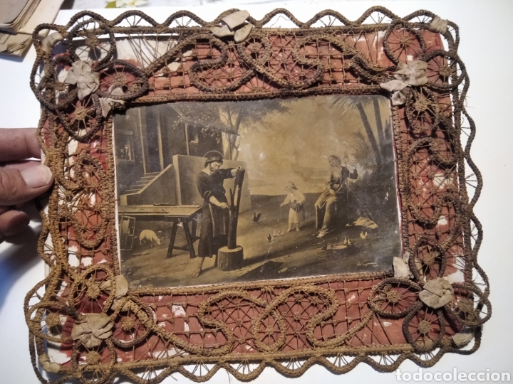 Art: Antiguo cuadro Marco bordado estampa religiosa