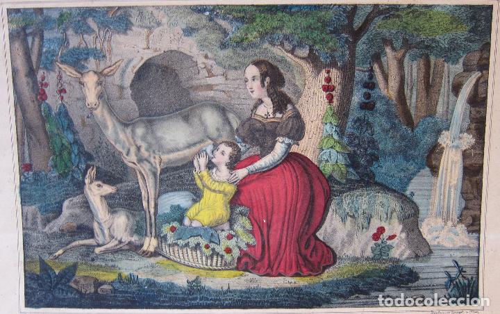 Arte: Genoveva de Brabante. GENOVEVA ABANDONADA EN LA FLORESTA. LITOGRAFIA, HACIA 1850.