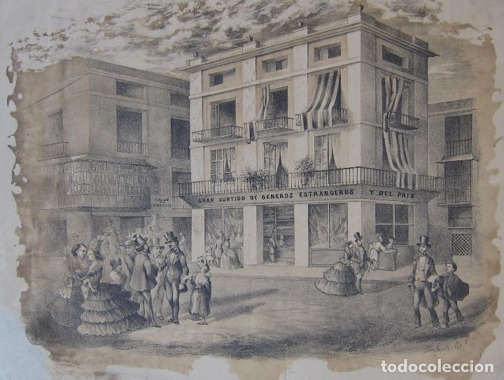Arte: CALLE DE ZARAGOZA. VALENCIA?. LITOGRAFIA DE INFANTE. SIGLO XIX. 35 X 45 CM