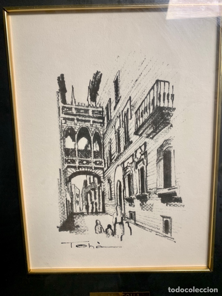 Arte: Toh&agrave;, litograf&iacute;a de barrio gotico de Barcelona, 17x24 obra, 35x41 cm con marco