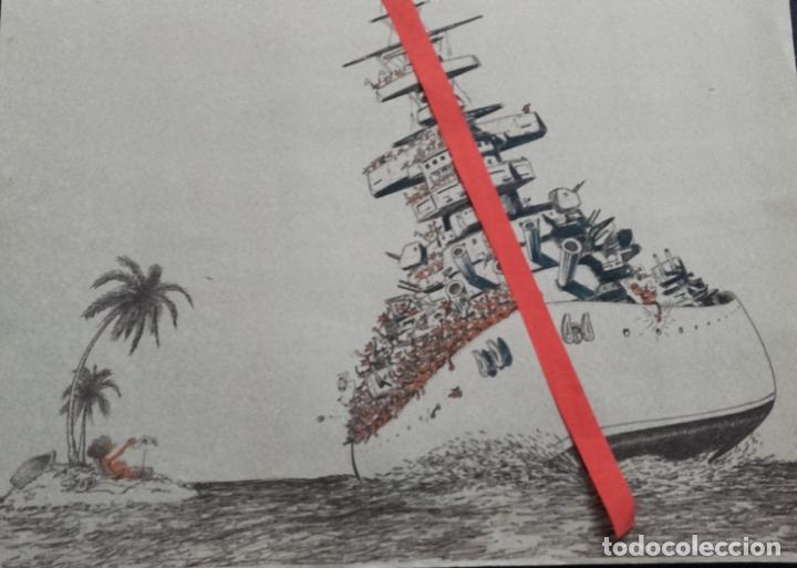 Arte: Vi&ntilde;eta humor, gran formato, poster, buque guerra, chica isla,