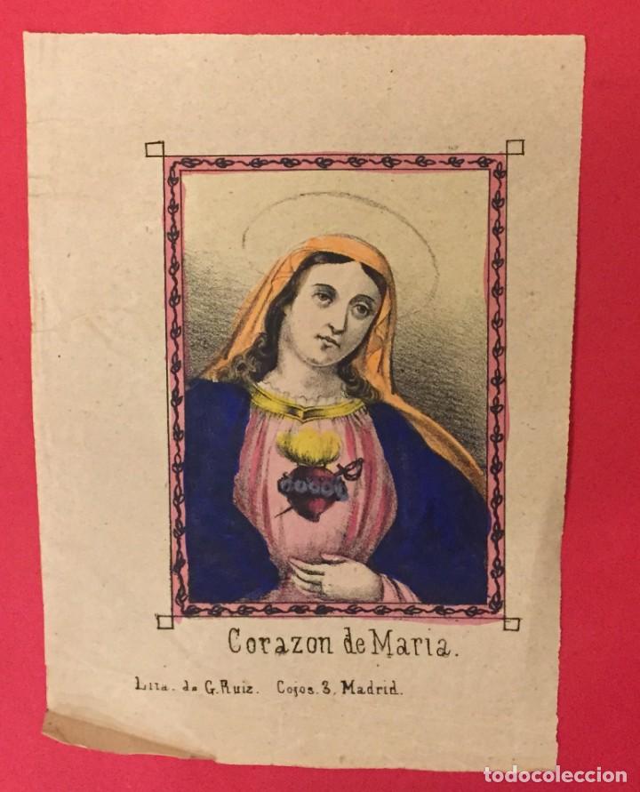 Arte: LITOGRAFIA G. RUIZ ILUMINADA A MANO, CORAZON DE MARIA S. XIX
