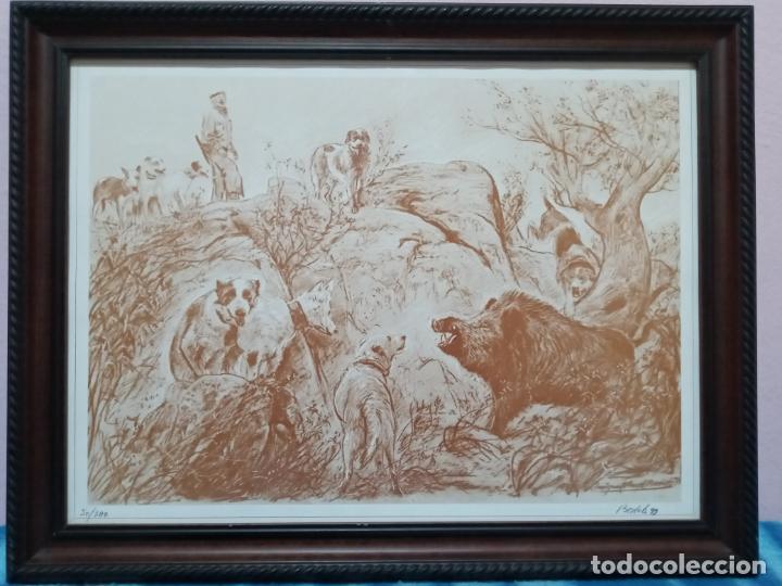 Arte: Miguel Angel Bedate- lamina monteria caza perros y jabali- numerada y firmada a lapiz