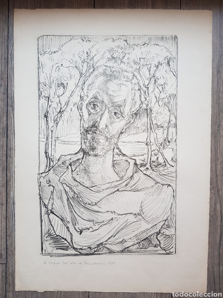 Arte: LITOGRAFIA A&Ntilde;O 1958 DEDICADA Y FIRMADA FIRMA ILEGIBLE DESCONOCIDA PINTURA RETRATO