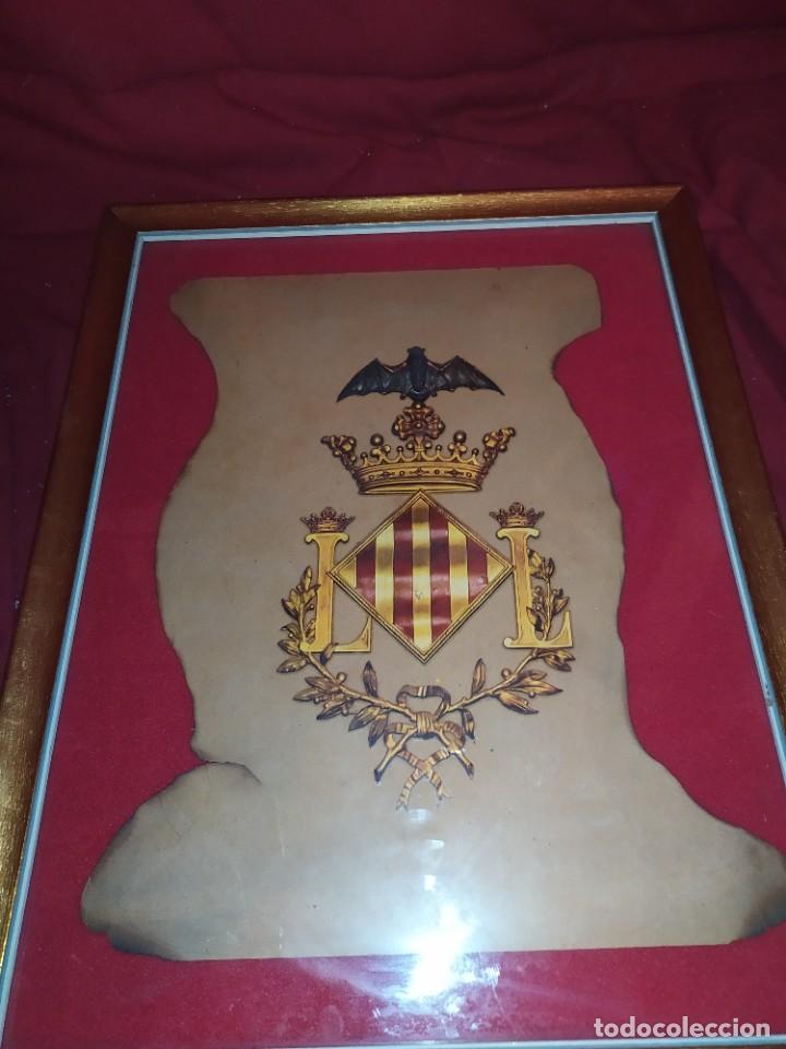 Arte: ANTIGUA LITOGRAF&Iacute;A? ENMARCADA CRISTAL ANTIGUO ESCUDO VALENCIA PRECIOSO PAPIRO QUEMADO MARCOS GIL