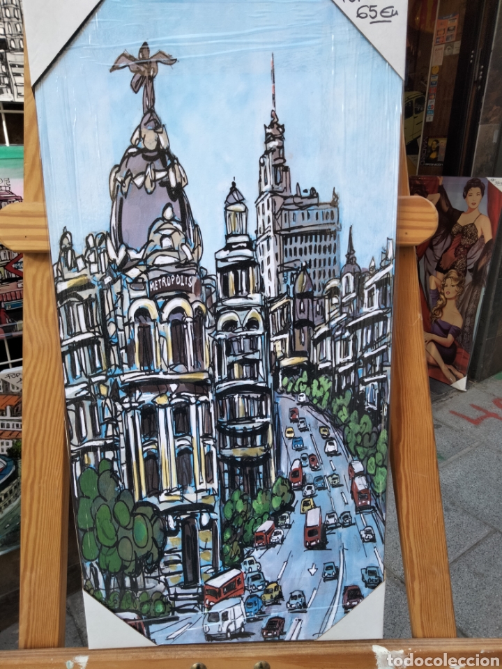 Arte: Cuadro de Edificio Metr&oacute;polis de Madrid. Jose Alcal&aacute;. Litograf&iacute;a offset sobre tabla 60x30 cm. - Foto 1