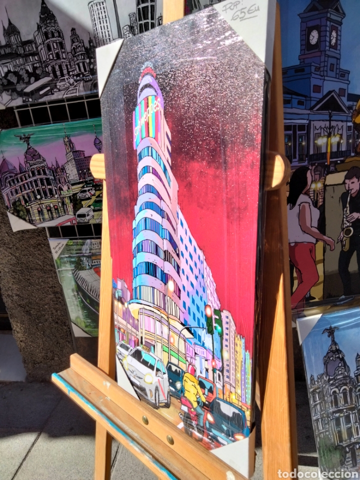 Arte: Cuadro de edificio capitol de Madrid estilo comic de Jose Alcal&aacute;. Litograf&iacute;a offset sobre tabla - Foto 3