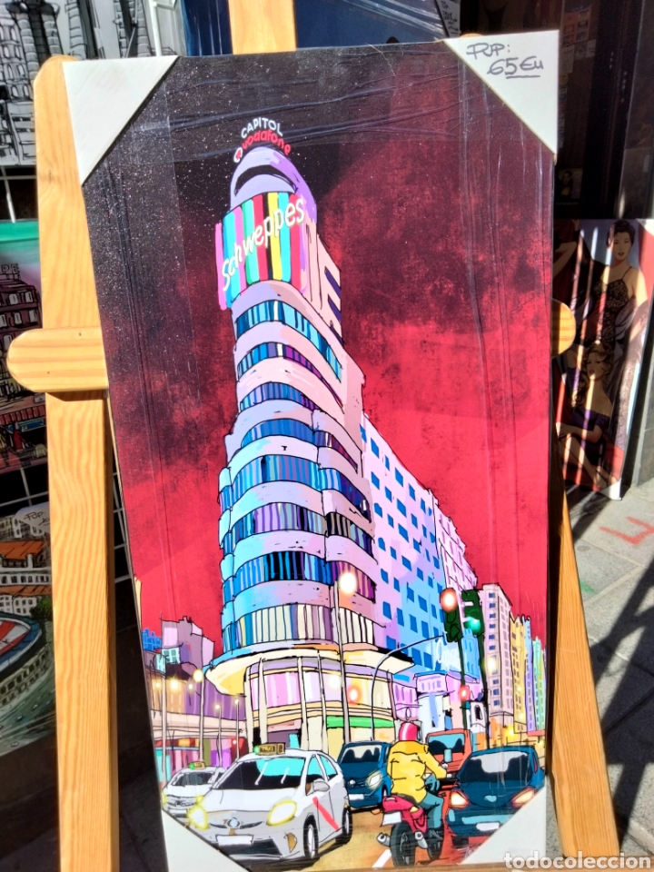 Arte: Cuadro de edificio capitol de Madrid estilo comic de Jose Alcal&aacute;. Litograf&iacute;a offset sobre tabla - Foto 1