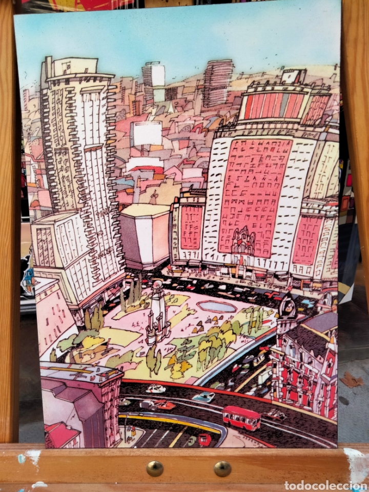 Kunst: Cuadro de Arranz Plaza Espa&ntilde;a Madrid arte tipo comic. Tabla texturizada de 40 x 28 cm.