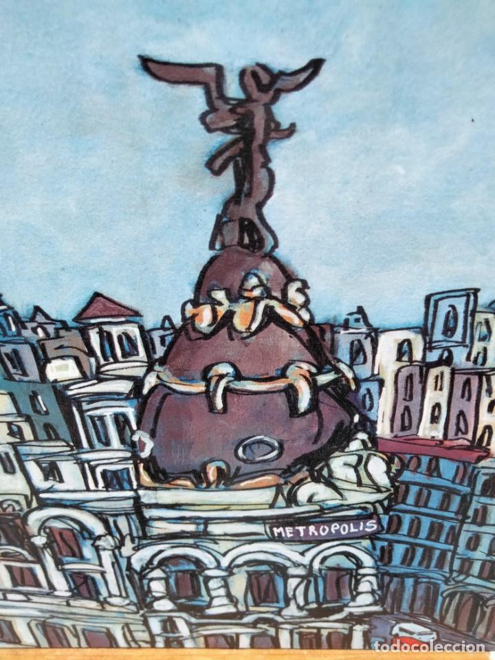 Arte: Cuadro de JOSE ALCALA Edificio Metropolis aereo Madrid tipo comic. Tabla texturizada de 40 x 28 cm. - Foto 2