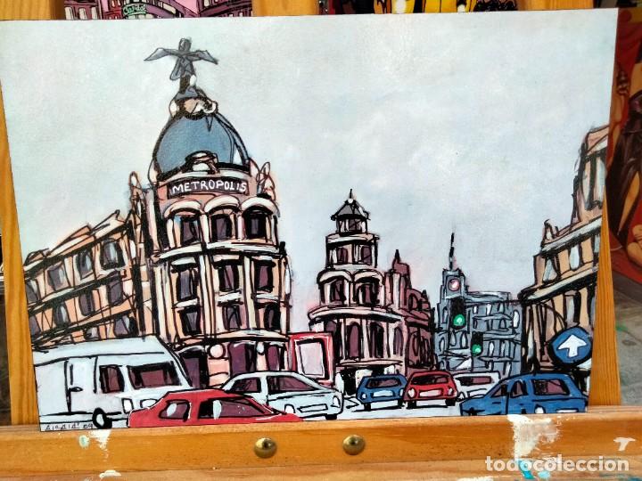 Arte: Cuadro de JOSE ALCALA Edificio Metropolis Madrid tipo comic. Tabla texturizada de 40 x 28 cm. - Foto 1