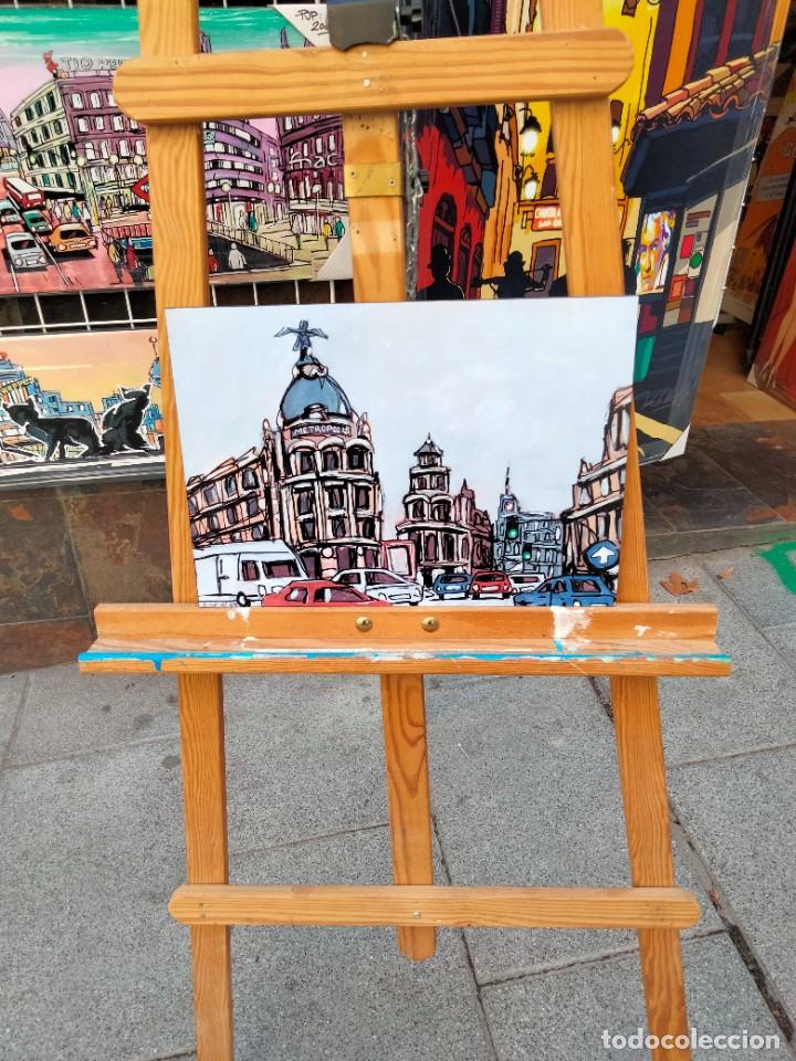 Arte: Cuadro de JOSE ALCALA Edificio Metropolis Madrid tipo comic. Tabla texturizada de 40 x 28 cm. - Foto 2
