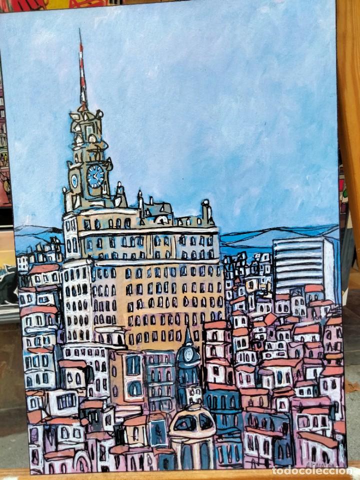 Kunst: Cuadro de JOSE ALCALA Edificio Telefonica Madrid tipo comic. Tabla texturizada de 40 x 28 cm.