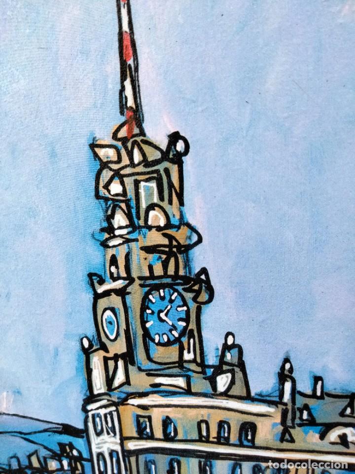 Arte: Cuadro de JOSE ALCALA Edificio Telefonica Madrid tipo comic. Tabla texturizada de 40 x 28 cm. - Foto 2