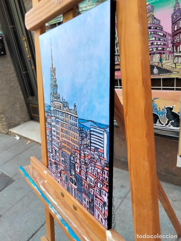 Arte: Cuadro de JOSE ALCALA Edificio Telefonica Madrid tipo comic. Tabla texturizada de 40 x 28 cm. - Foto 4