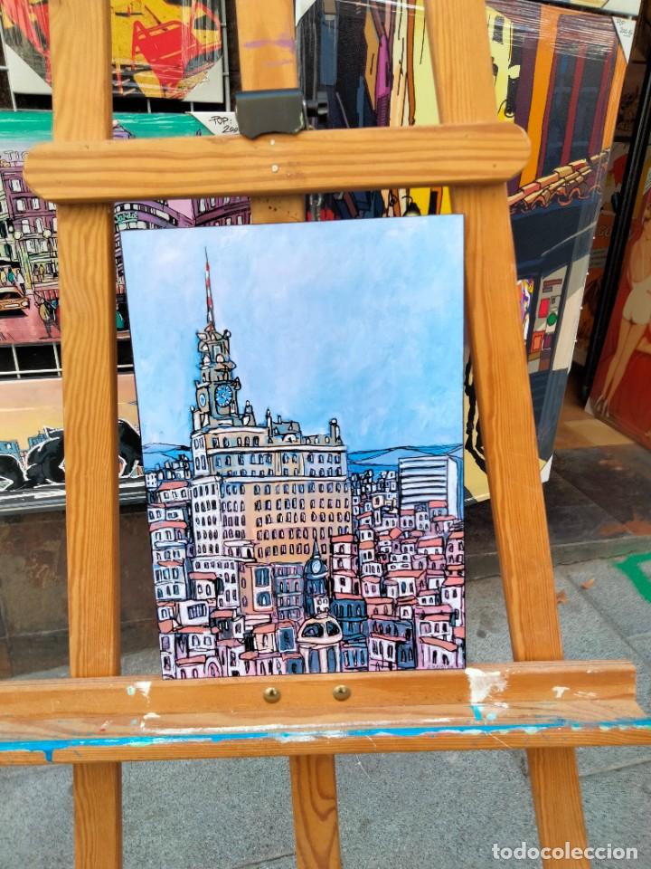 Arte: Cuadro de JOSE ALCALA Edificio Telefonica Madrid tipo comic. Tabla texturizada de 40 x 28 cm. - Foto 5