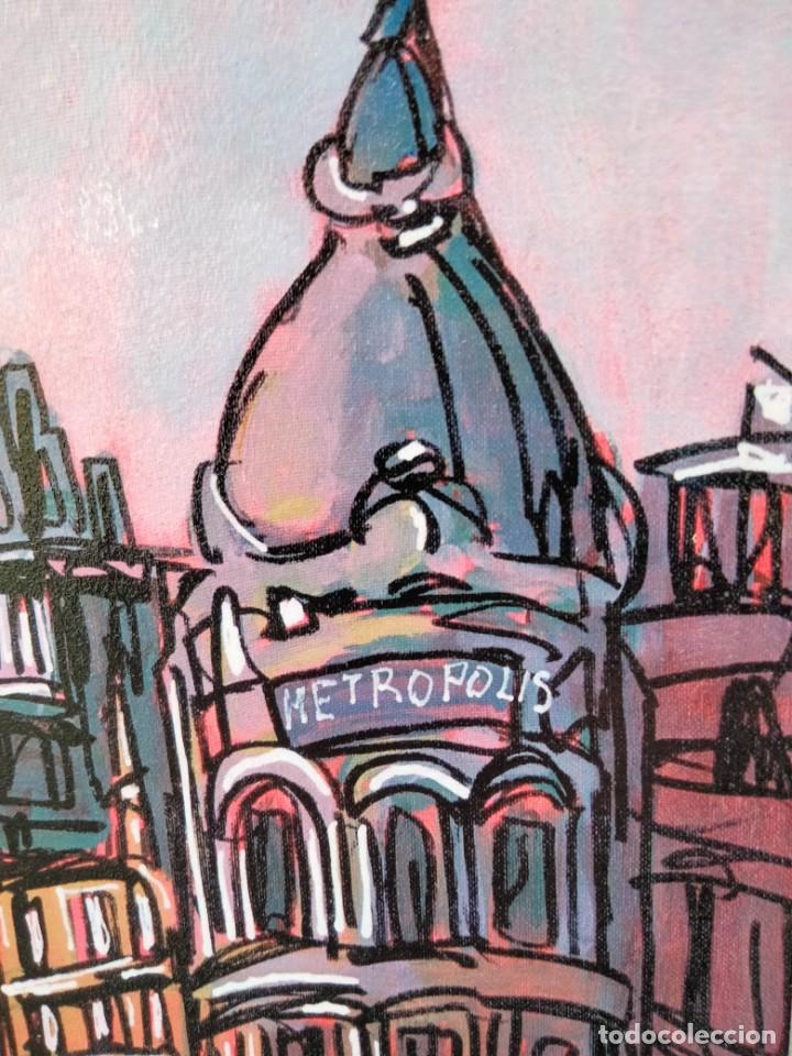 Arte: Cuadro de JOSE ALCALA Edificio Metropolosis Madrid tipo comic. Tabla texturizada de 40 x 28 cm. - Foto 2