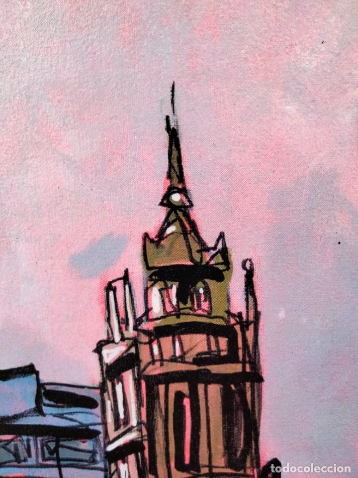 Arte: Cuadro de JOSE ALCALA Edificio Metropolosis Madrid tipo comic. Tabla texturizada de 40 x 28 cm. - Foto 4