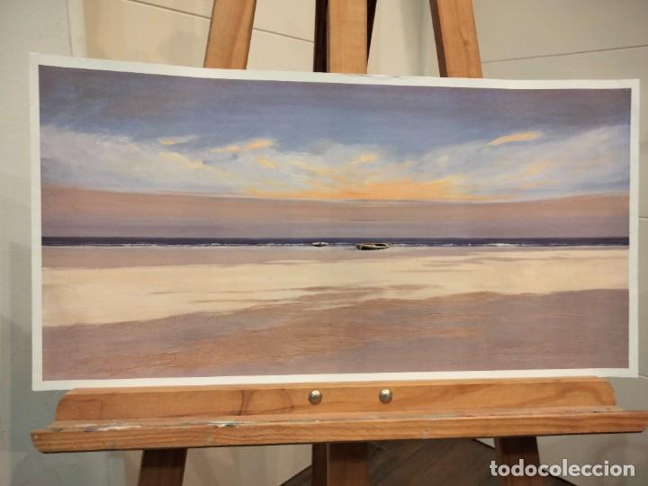 Arte: Lamina de pintura. Marina paronamica de playa al amanecer. Litografia offset 60 x 30 cm