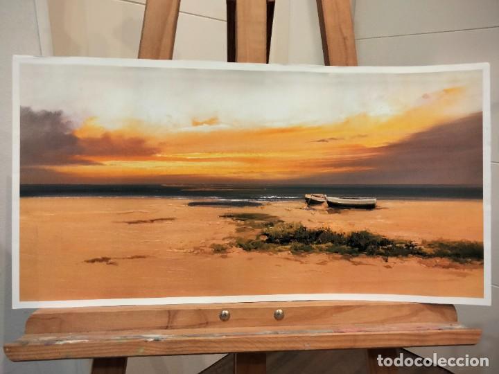Arte: Lamina de pintura. Marina paronamica de playa al atardecer. Litografia offset 60 x 30 cm.