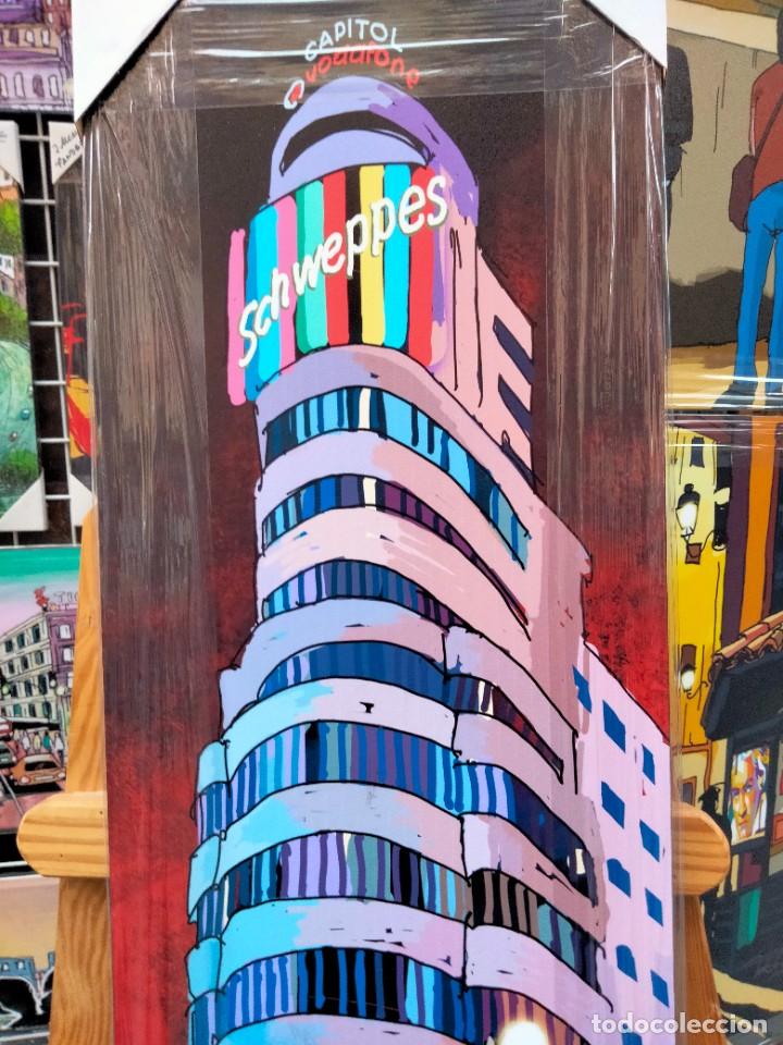 Arte: Cuadro de JOSE ALCALA Edificio Capitol de Madrid tipo comic. Tabla texturizada de 90 x 30 cm. - Foto 1
