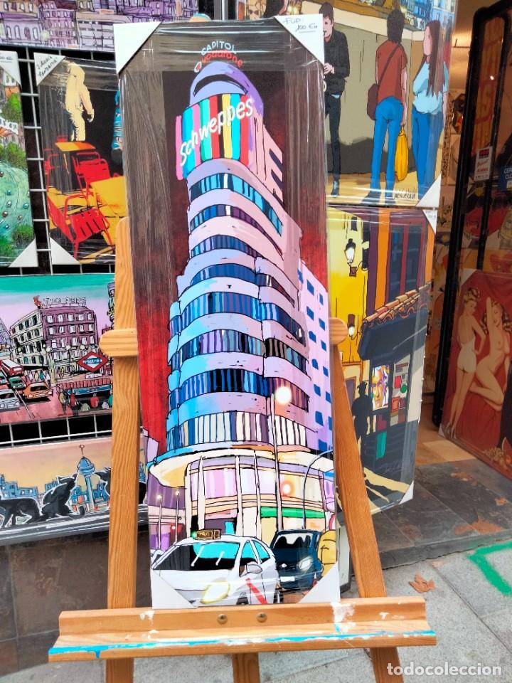Arte: Cuadro de JOSE ALCALA Edificio Capitol de Madrid tipo comic. Tabla texturizada de 90 x 30 cm. - Foto 2