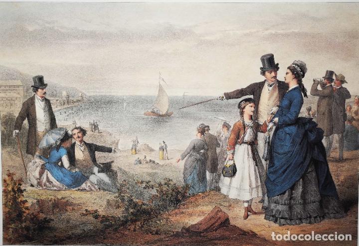 Arte: Litograf&iacute;a de epoca aristocracia inglesa en la playa