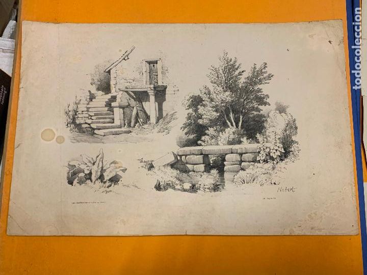 Arte: Casa y riachuelo. Antigua litografia. Ideal para enmarcar. Muy curiosa, mide unos 48x31,5cms