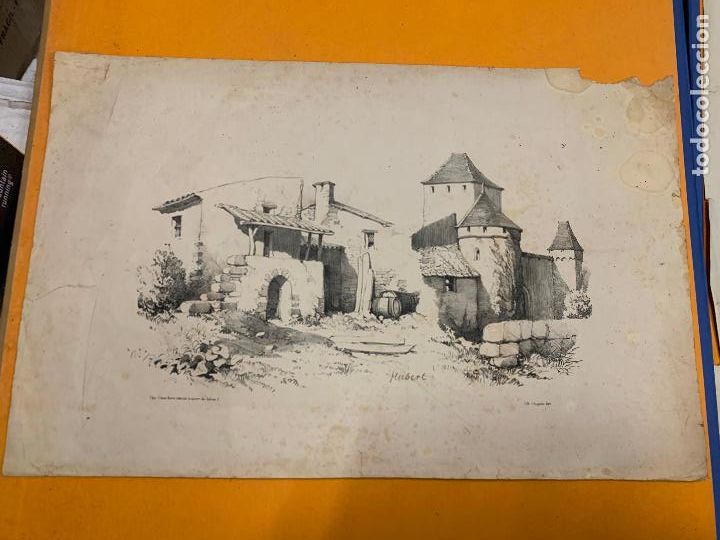 Arte: Casa y castillo. Antigua litografia. Ideal para enmarcar. Muy curiosa, mide unos 48x31,5cms