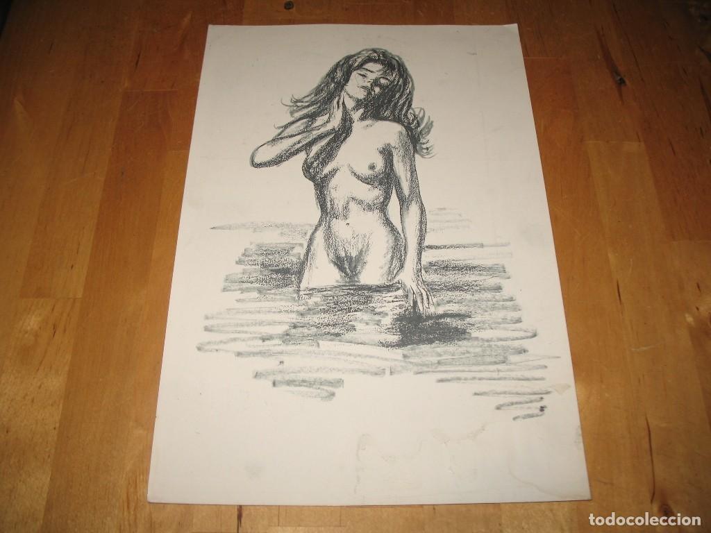 Art: OBRA DE ARTE DESNUDO LITOGRAF&Iacute;A MUJER DESNUDA EN EL AGUA MAR SEA PLAYA DIBUJO A COLOR