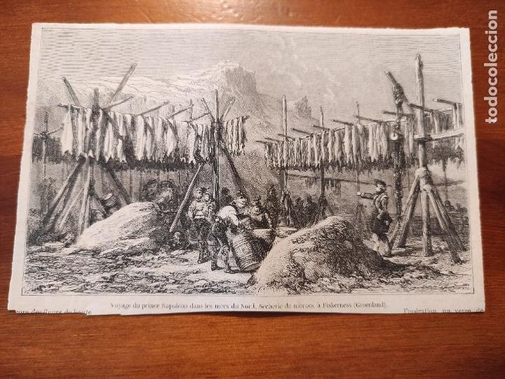 Kunst: Voyage du prince Napoleon dans les mers du Nord Secherie de morues a Fiskerness (groenland) - 18x12