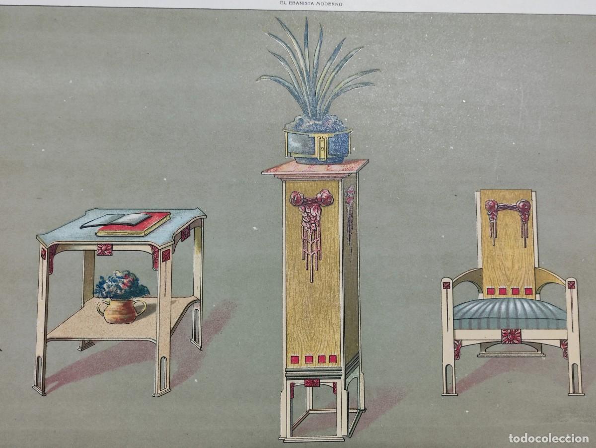 Art: LITOGRAFIA - MODERNISMO - ART NOUVEAU - RECIBIDOR MODERNO - MESA DE CENTRO, SILLON Y PEDESTAL