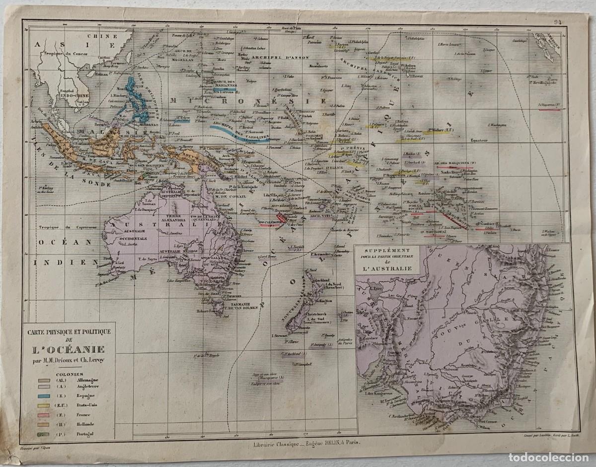 Arte: Mapas. Carte physique et politique de L'Oceanie M.M. Drioux ey Ch. Leroy