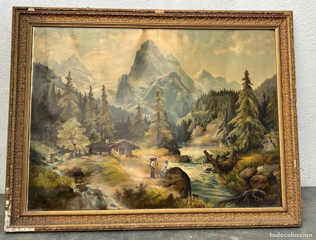 Arte: LITOGRAFIA PRECIOSA Y MUY ANTIGUA PAISAJE MONTA&Ntilde;OSO DE 82 X 62 CMS. 5 CMS. DE MARCO